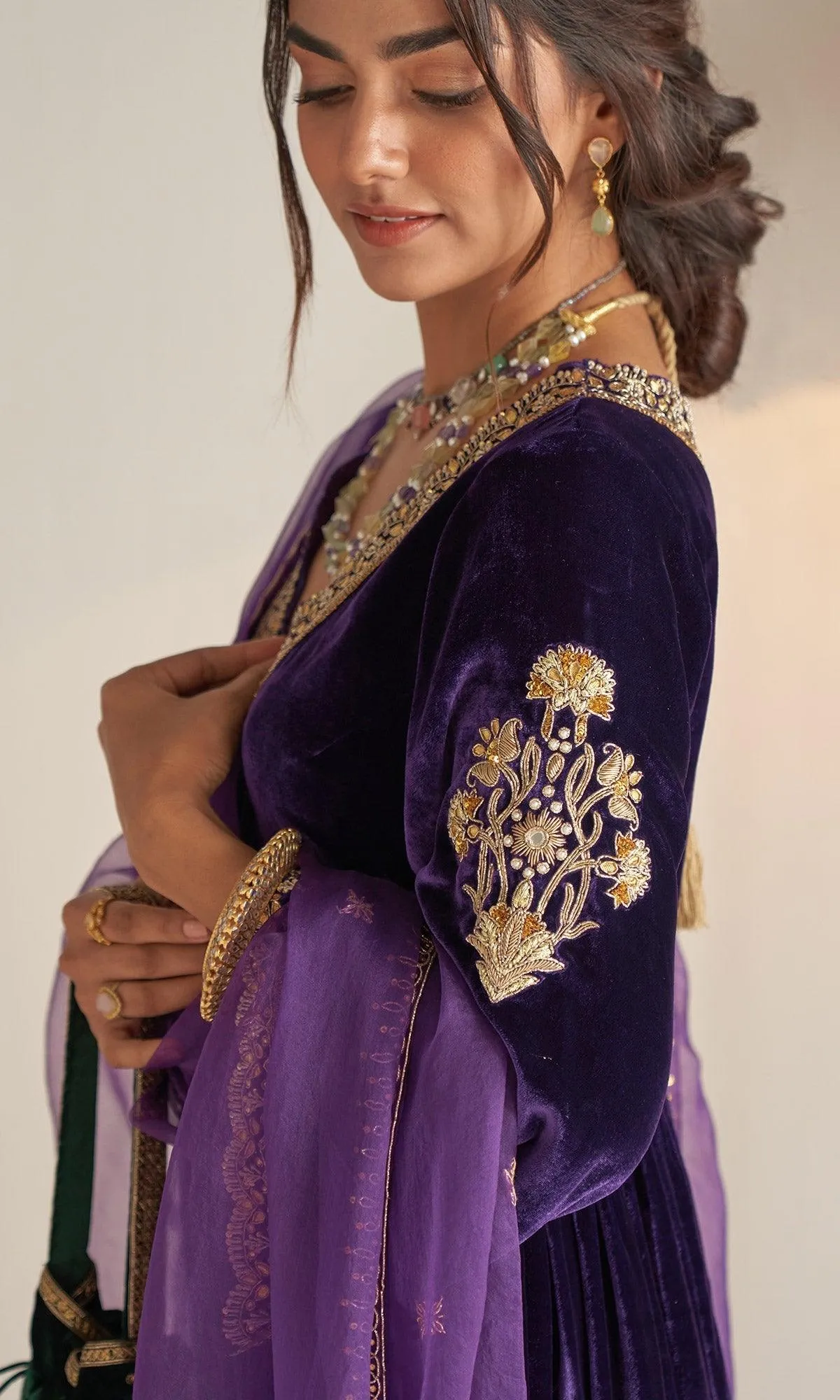 Khizaan Embroidered Purple V Neck velvet Anarkali set with organza dupatta  set of 3 RTS