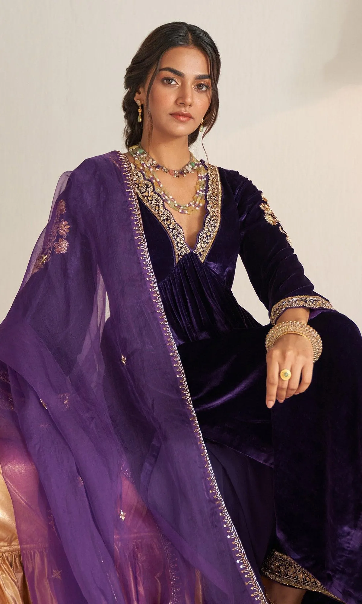Khizaan Embroidered Purple V Neck velvet Anarkali set with organza dupatta  set of 3 RTS