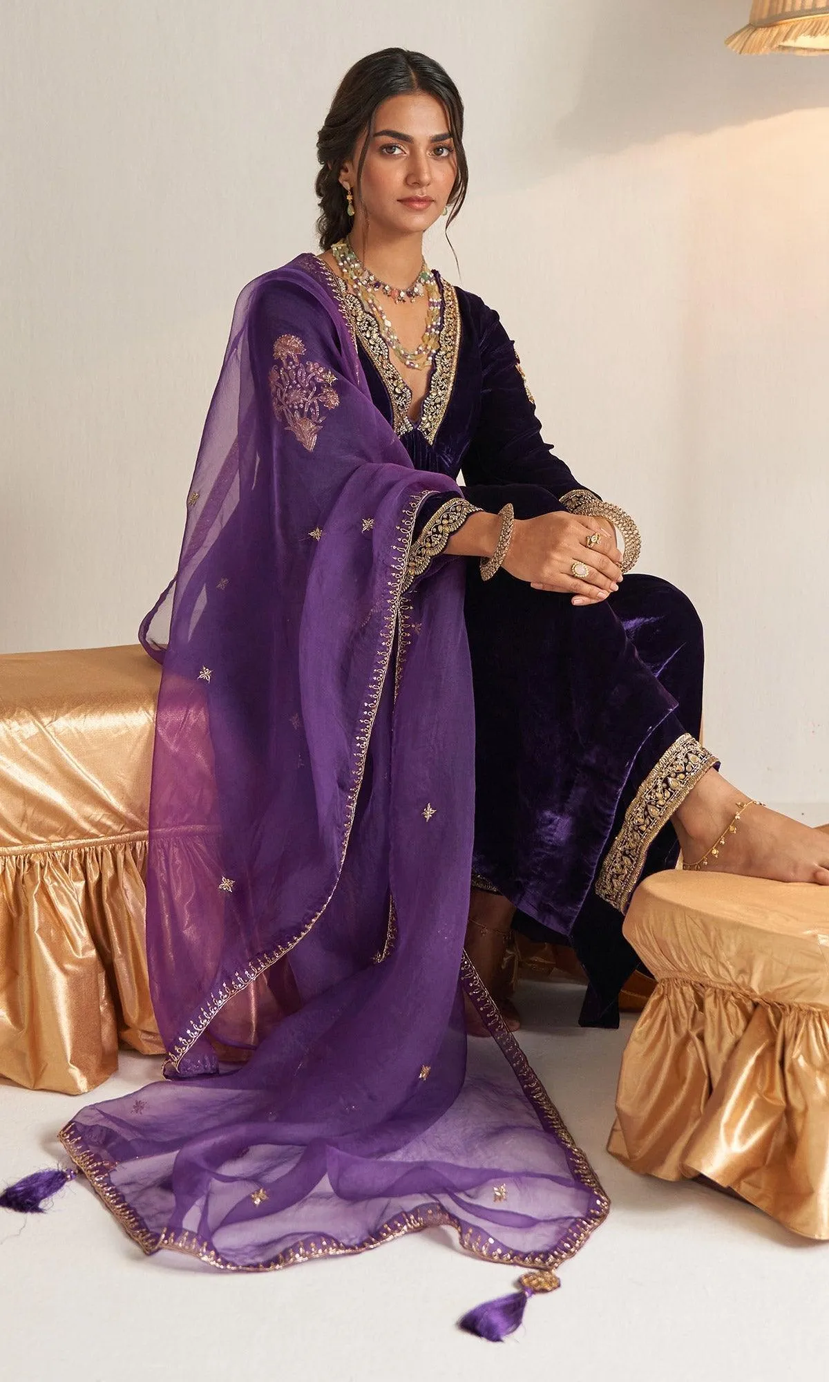 Khizaan Embroidered Purple V Neck velvet Anarkali set with organza dupatta  set of 3 RTS