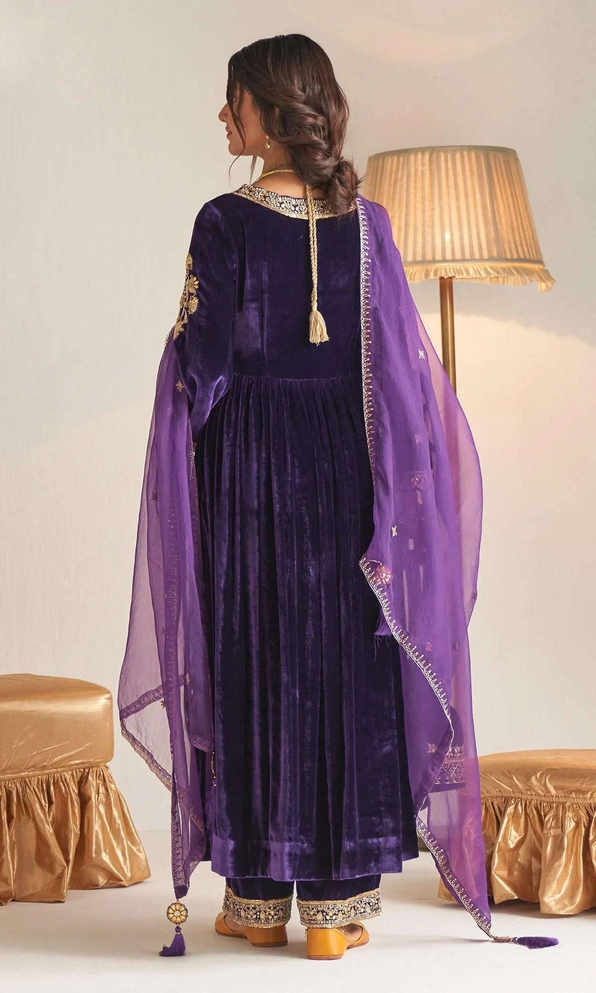 Khizaan Embroidered Purple V Neck velvet Anarkali set with organza dupatta  set of 3 RTS