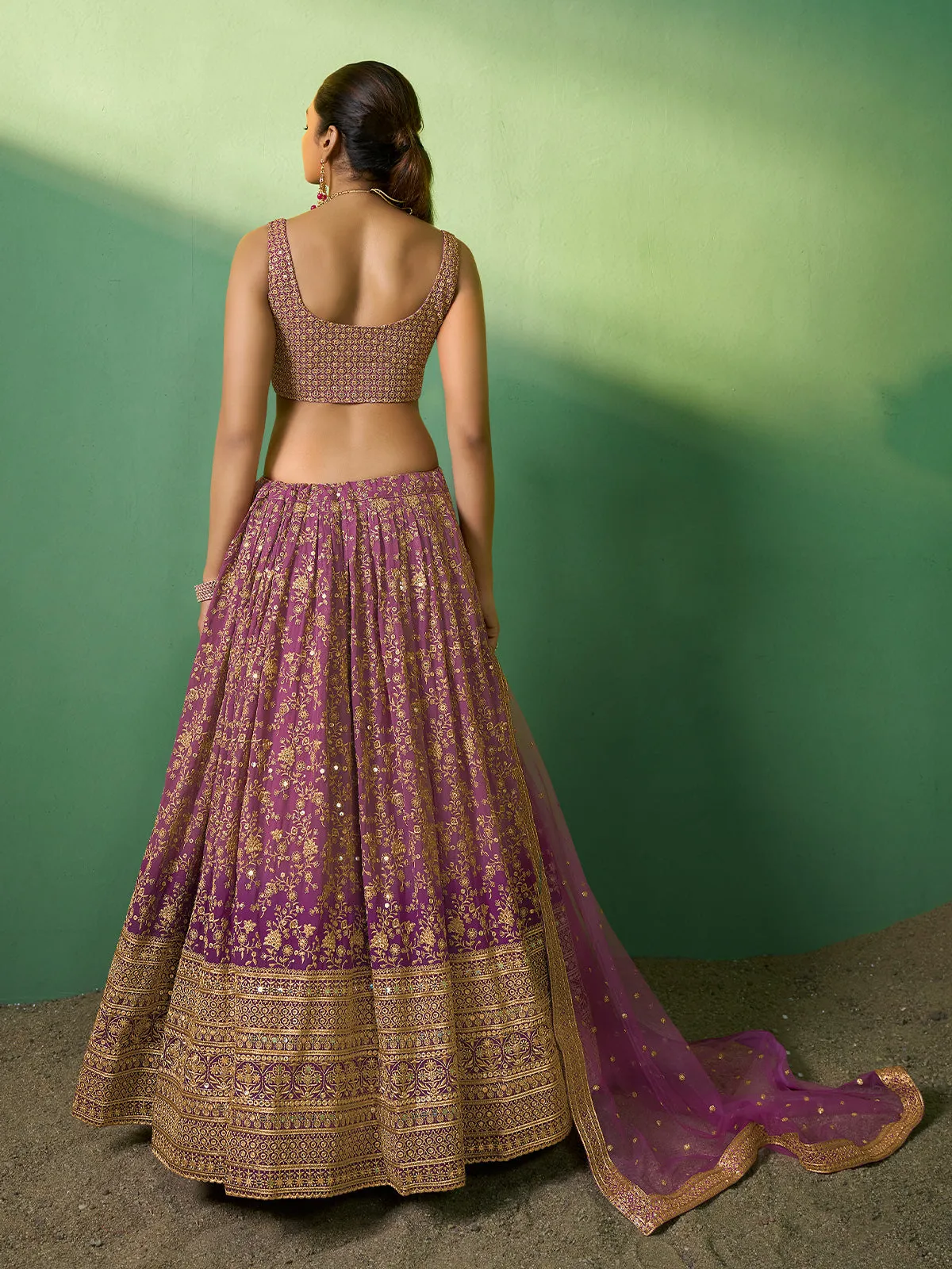 Lavender Embroidered Semi Stitched Lehenga With Unstitched Blouse