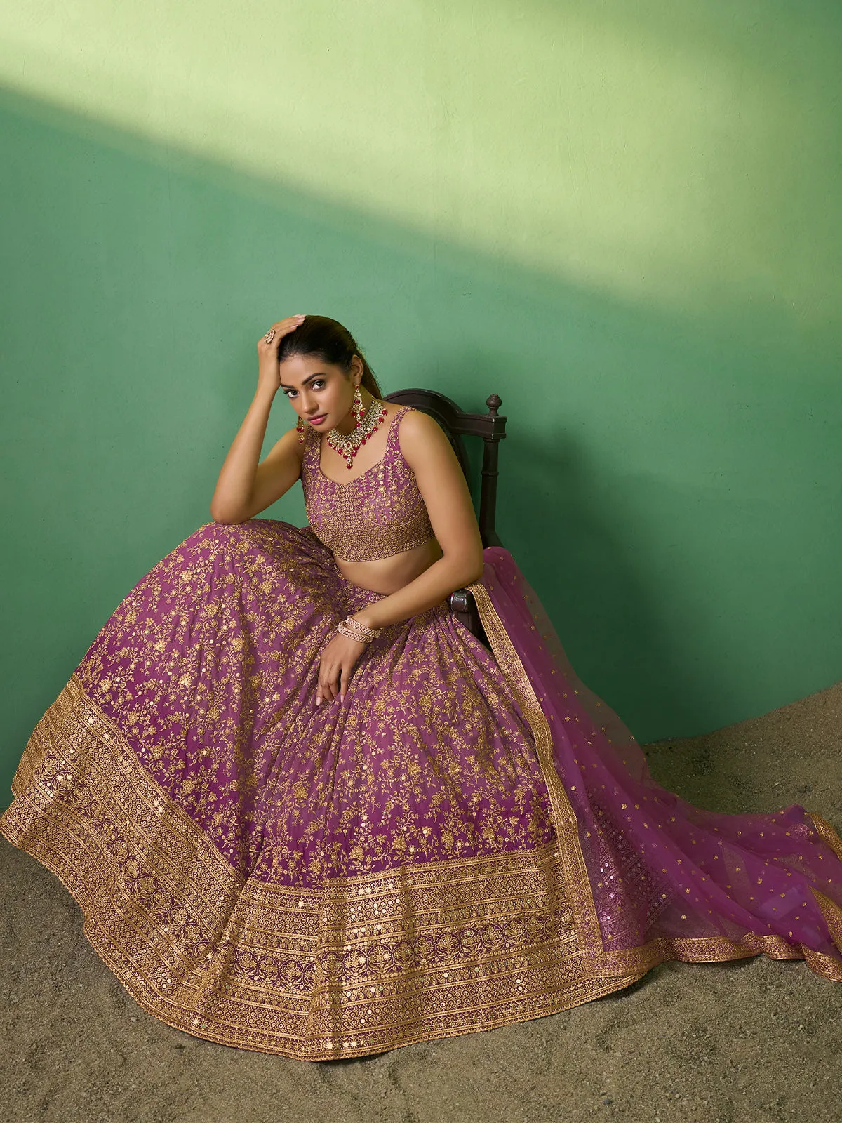 Lavender Embroidered Semi Stitched Lehenga With Unstitched Blouse