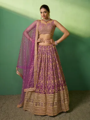 Lavender Embroidered Semi Stitched Lehenga With Unstitched Blouse