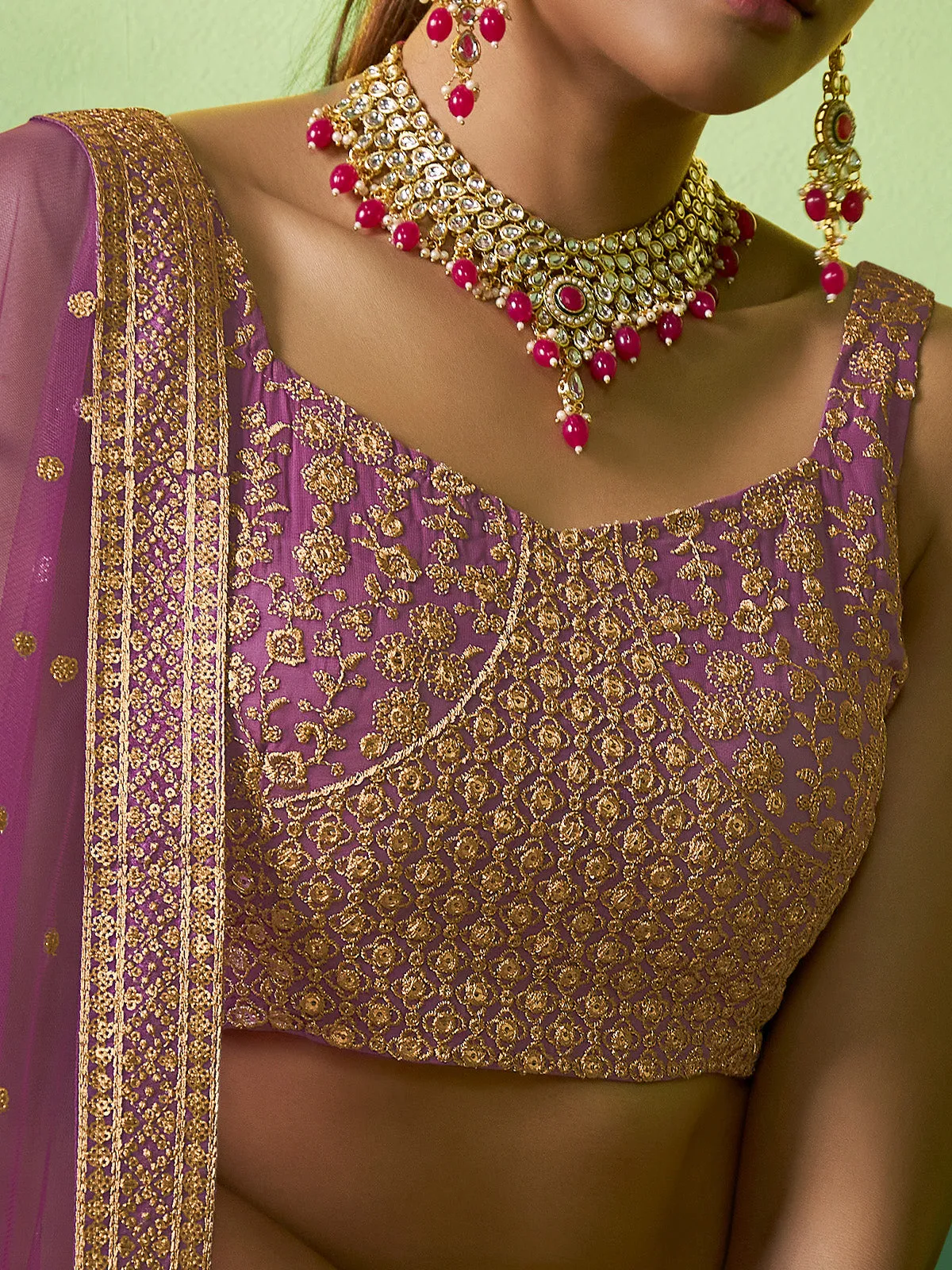 Lavender Embroidered Semi Stitched Lehenga With Unstitched Blouse