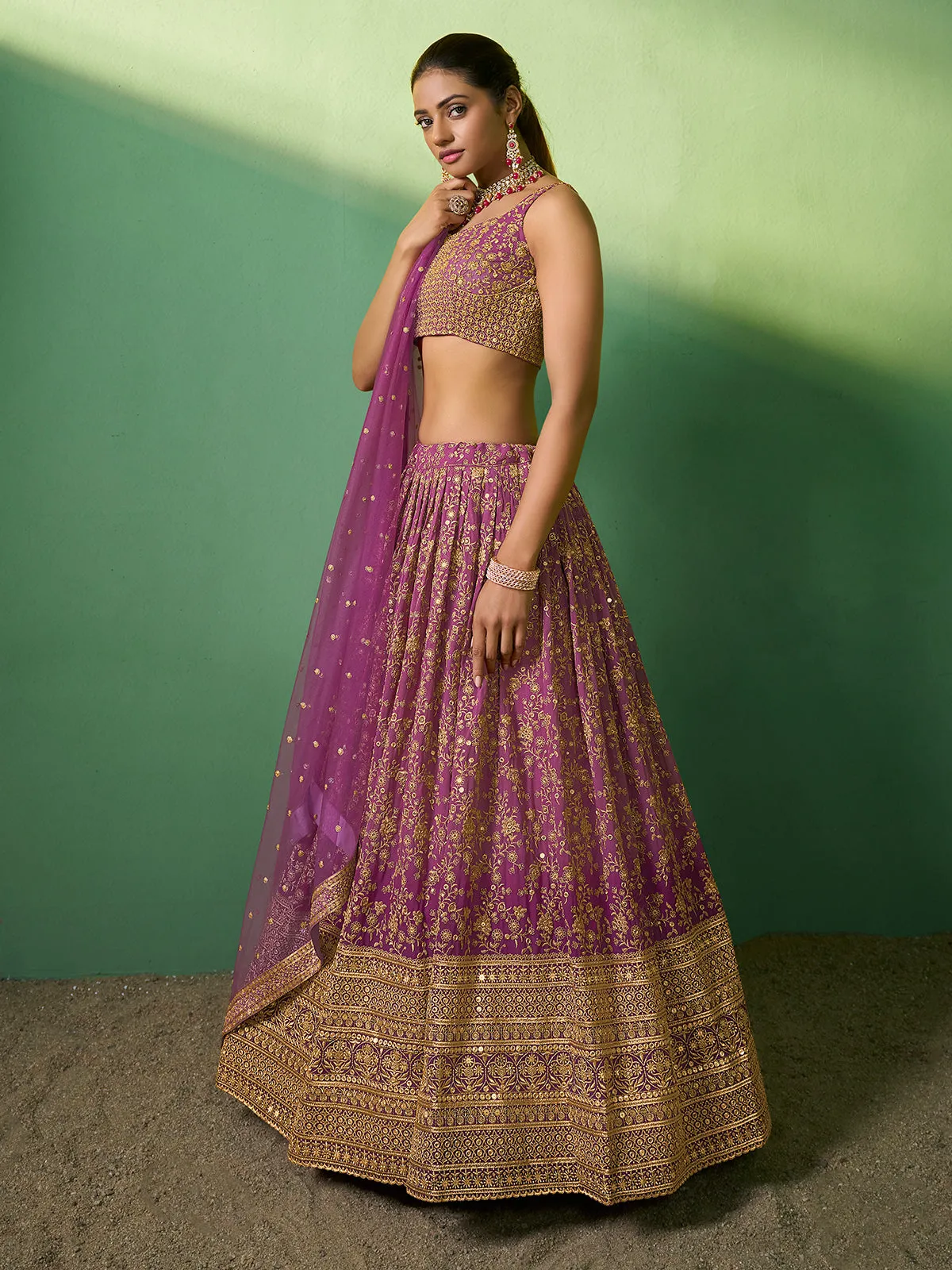 Lavender Embroidered Semi Stitched Lehenga With Unstitched Blouse