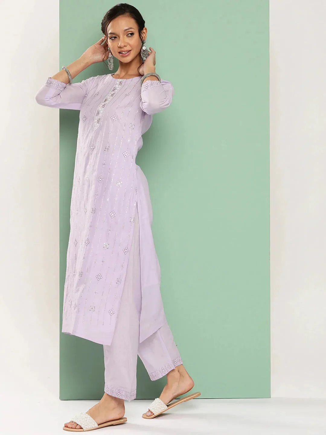 Lavender Floral Embroidered Cotton Kurta Dupatta Set