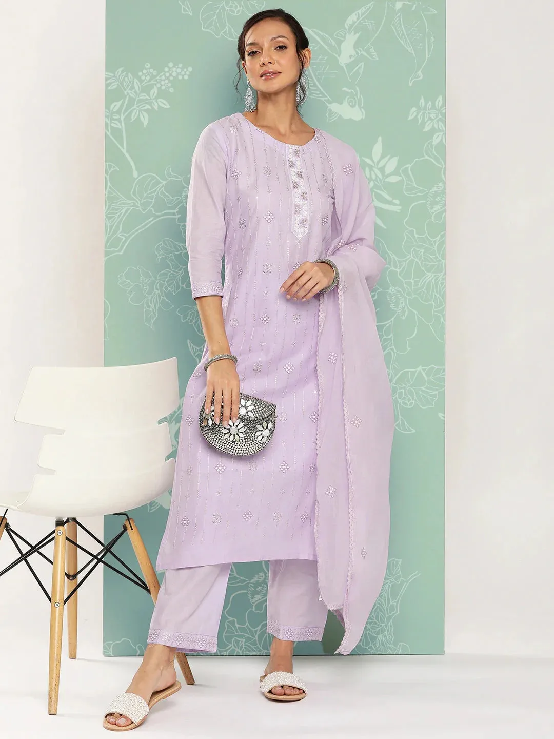 Lavender Floral Embroidered Cotton Kurta Dupatta Set