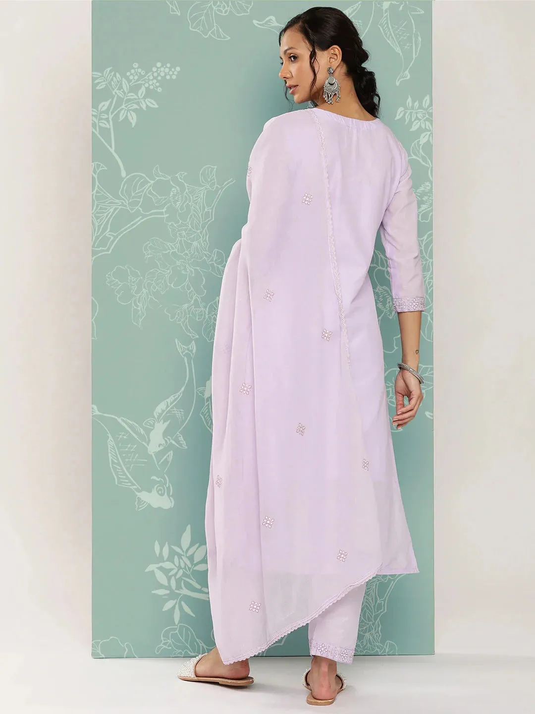 Lavender Floral Embroidered Cotton Kurta Dupatta Set