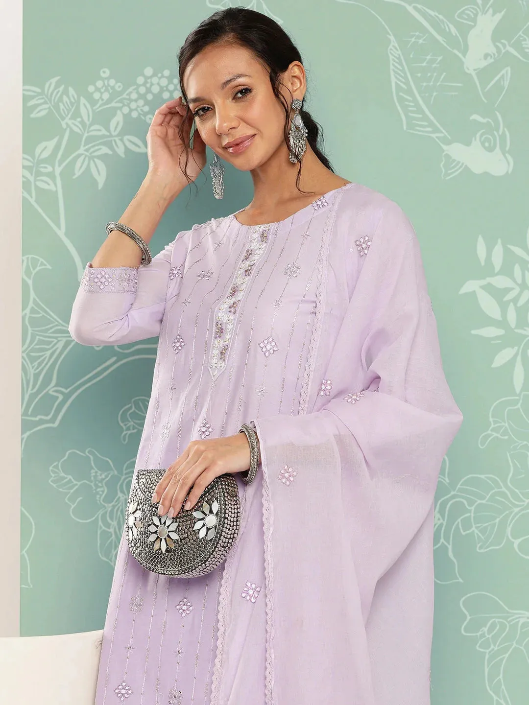 Lavender Floral Embroidered Cotton Kurta Dupatta Set