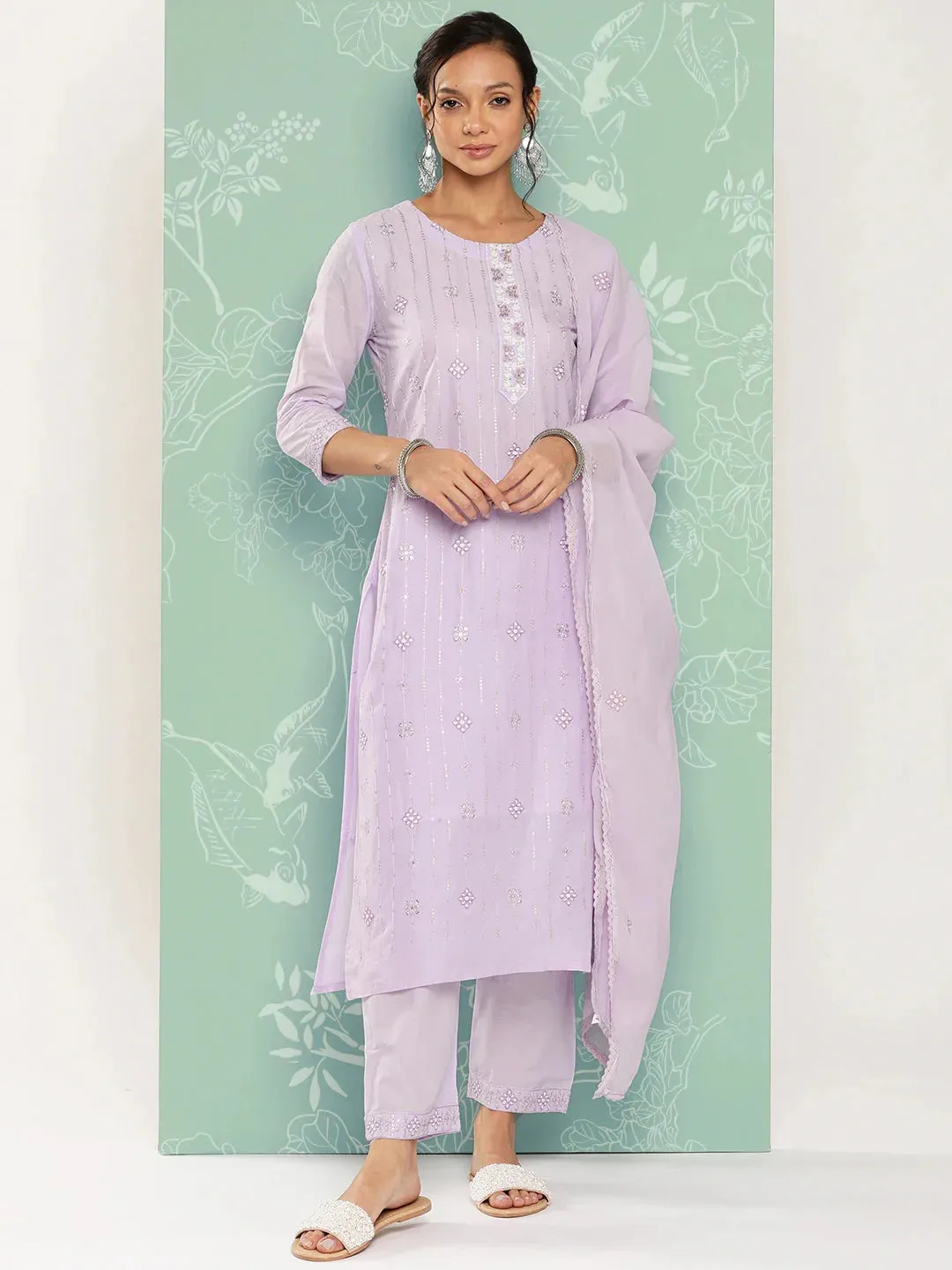 Lavender Floral Embroidered Cotton Kurta Dupatta Set
