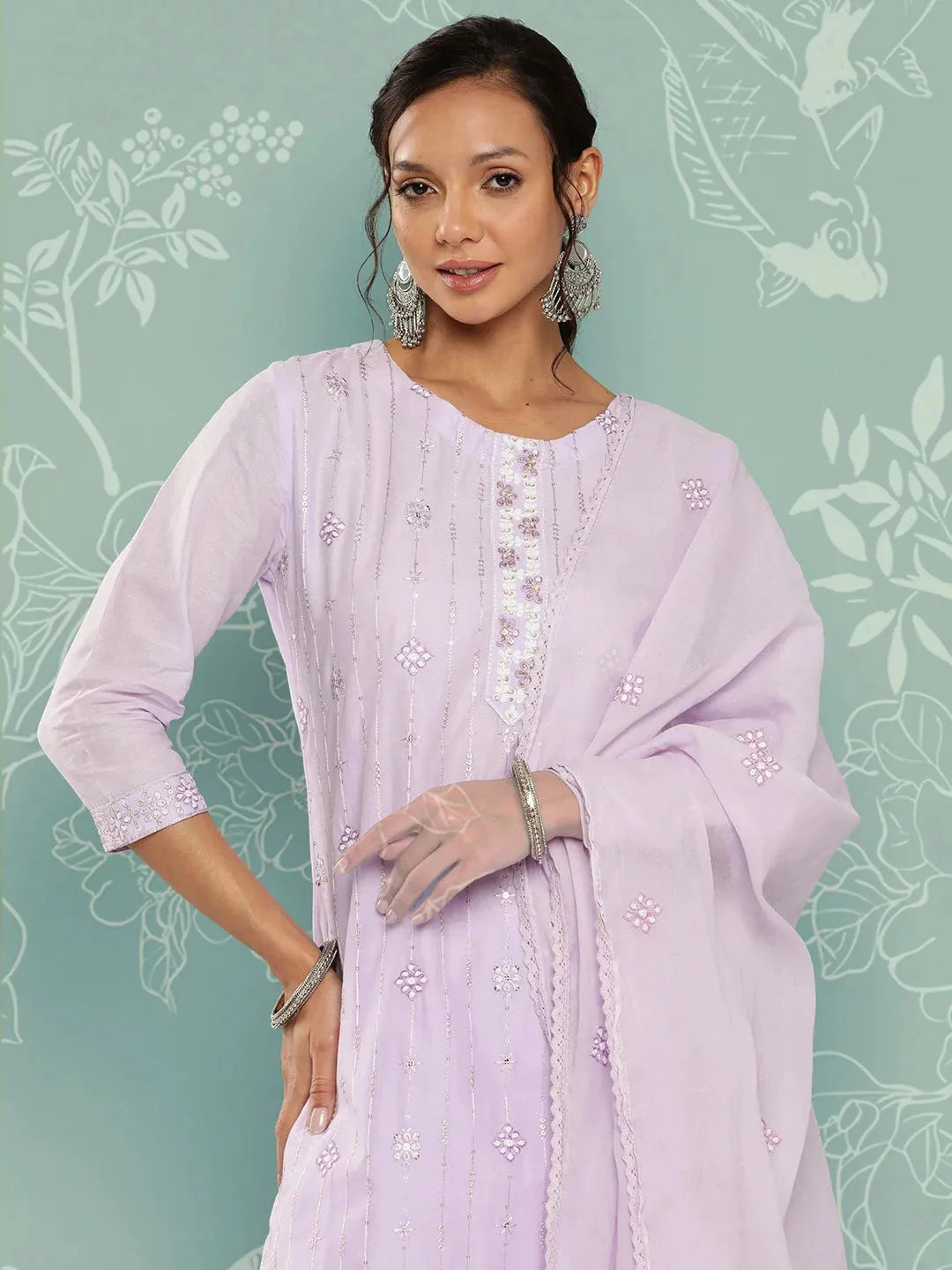 Lavender Floral Embroidered Cotton Kurta Dupatta Set