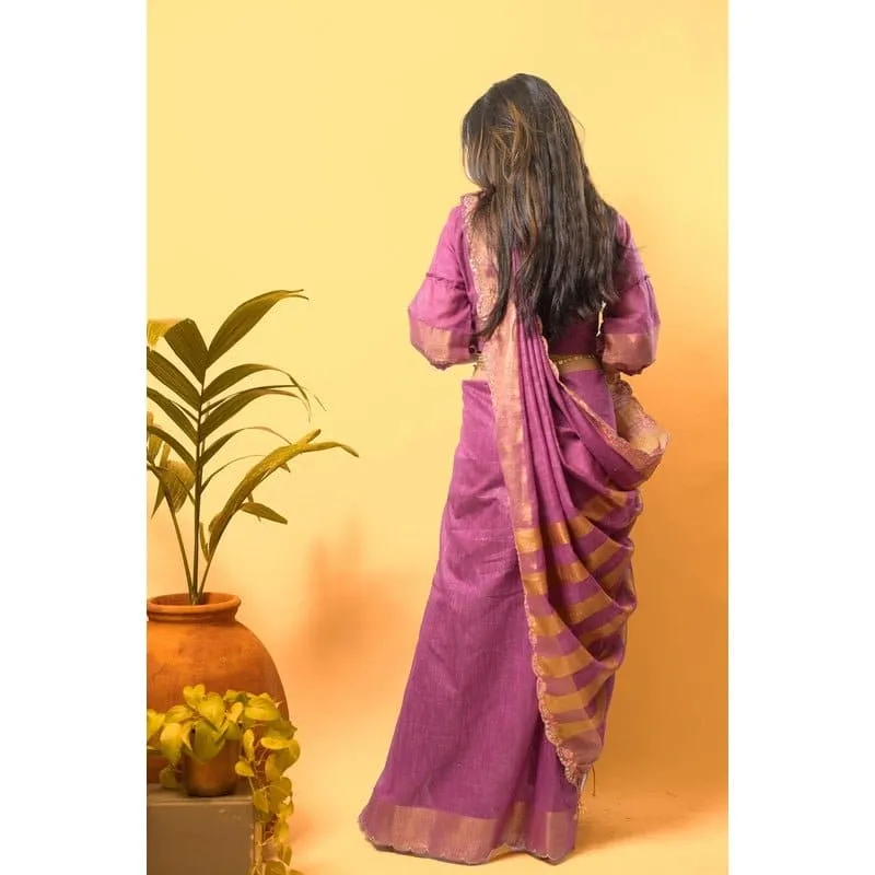 Lavender Gold Embroidered Linen Saree