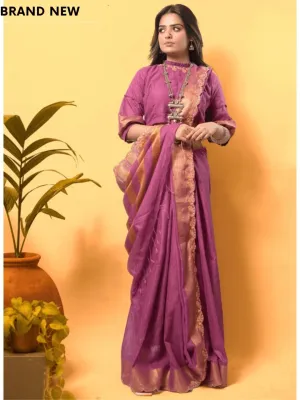 Lavender Gold Embroidered Linen Saree