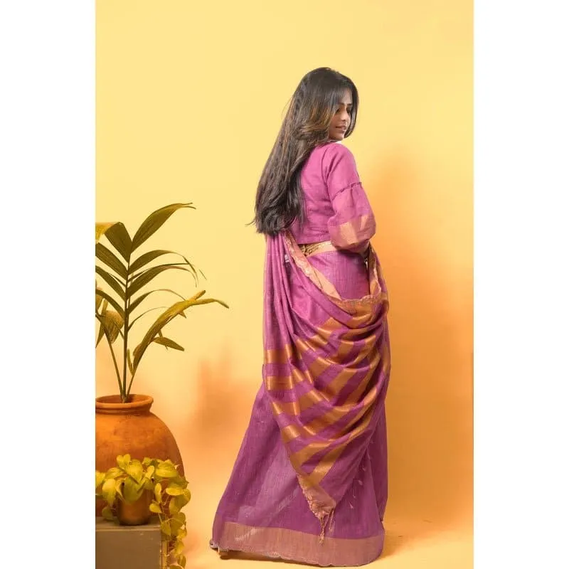 Lavender Gold Embroidered Linen Saree