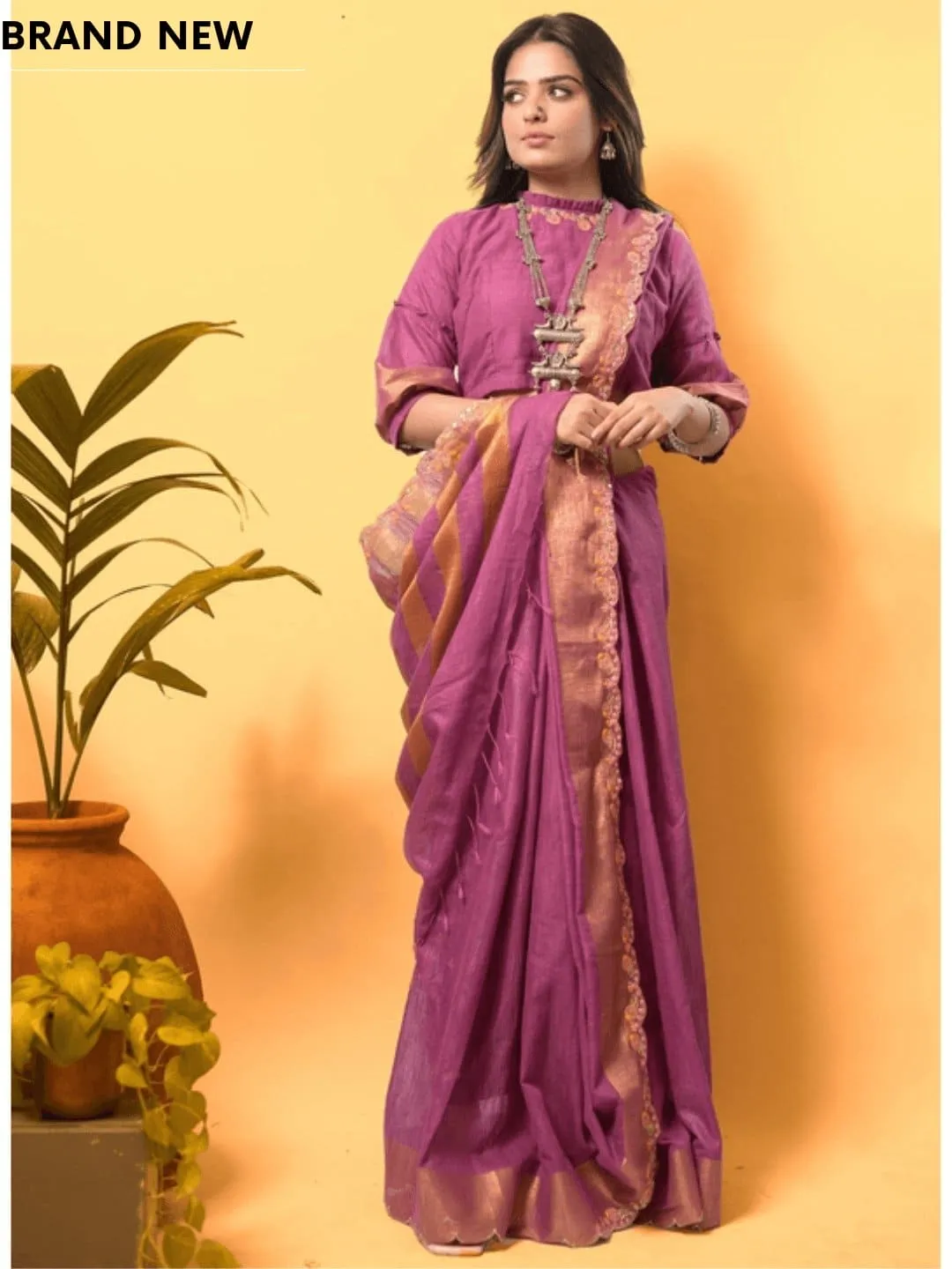 Lavender Gold Embroidered Linen Saree