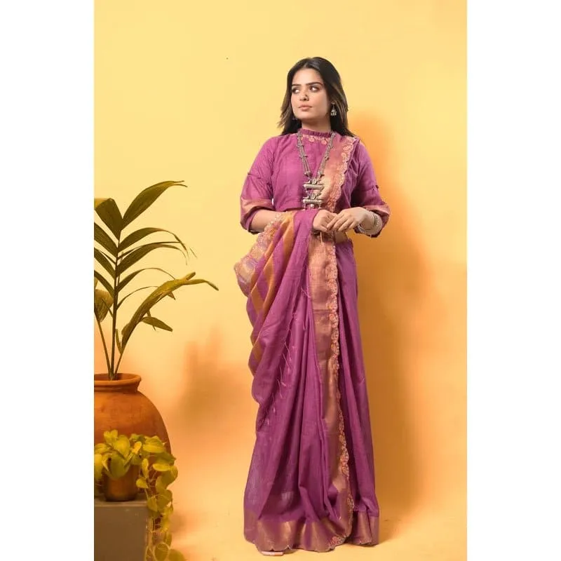 Lavender Gold Embroidered Linen Saree