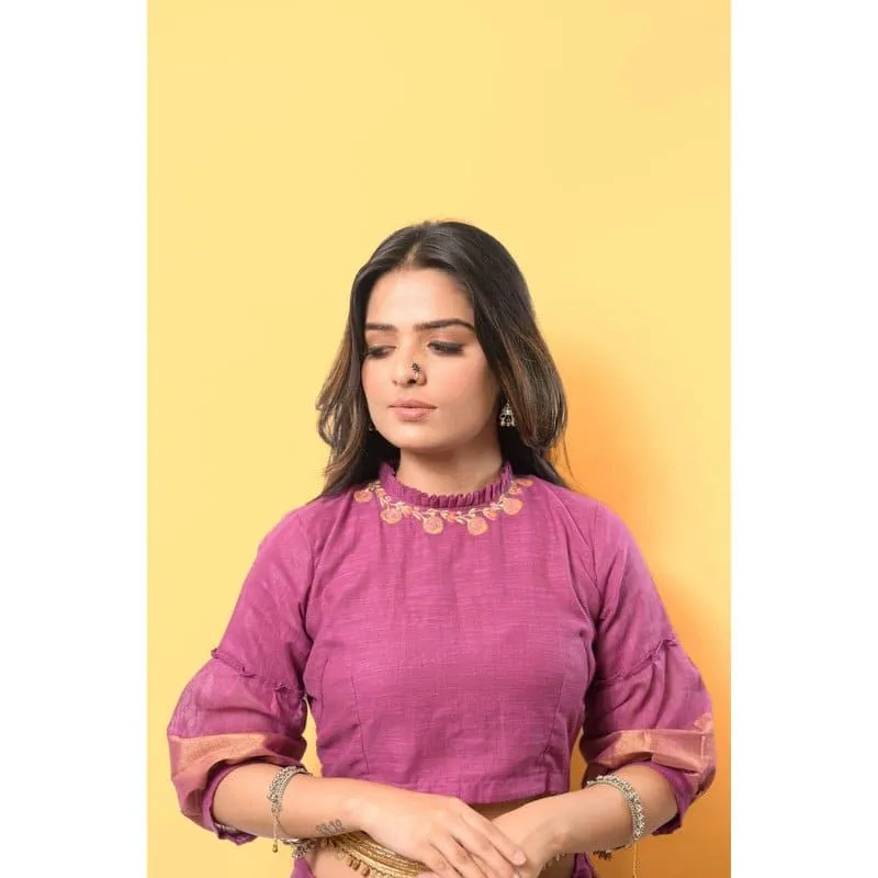 Lavender Gold Embroidered Linen Saree