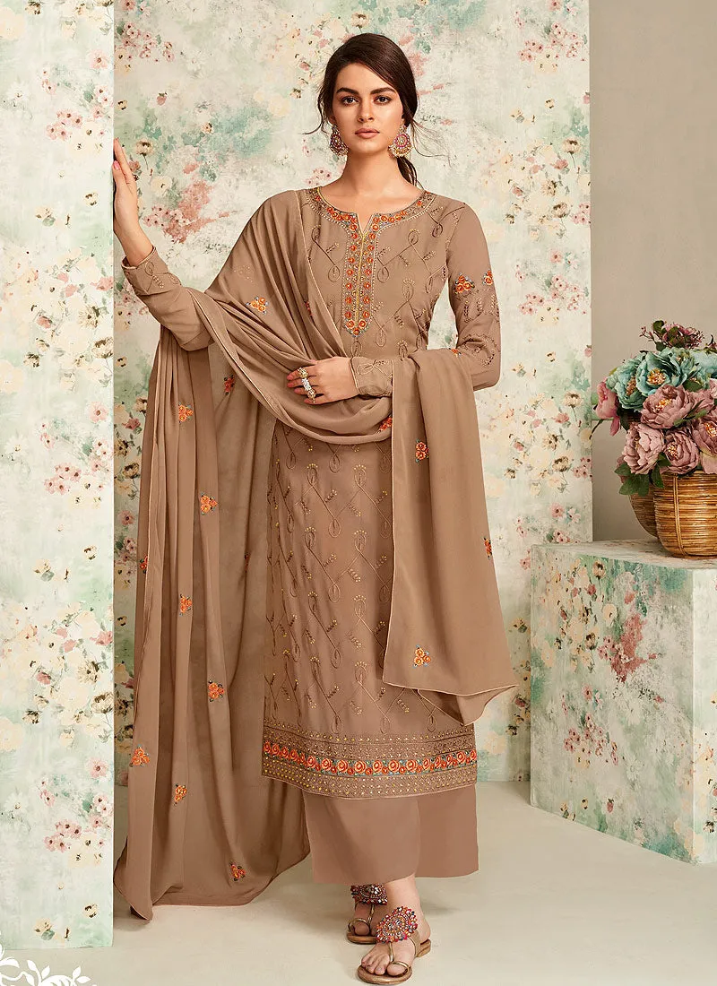 Light Brown Multi Embroidered Palazzo Suit