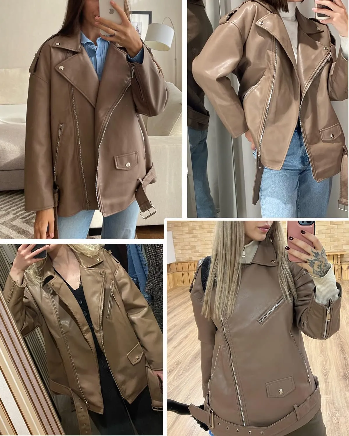 LY VAREY LIN Women Faux Leather Jacket Lapel Collar Motorcycle Zip Up Long Sleeve Motor Biker Short Coat Jacket