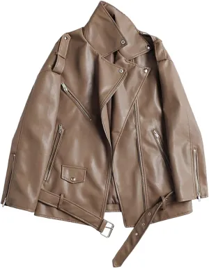 LY VAREY LIN Women Faux Leather Jacket Lapel Collar Motorcycle Zip Up Long Sleeve Motor Biker Short Coat Jacket