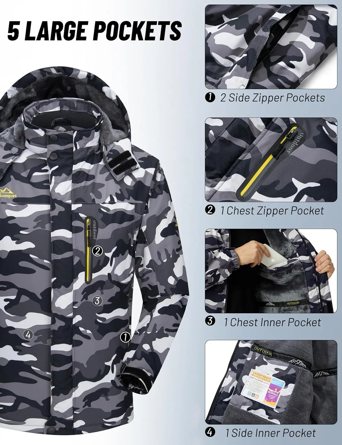 MAGCOMSEN Men's Winter Coats Water Resistant Snow Ski Jacket Fleece Lined Parka 5 Pockets
