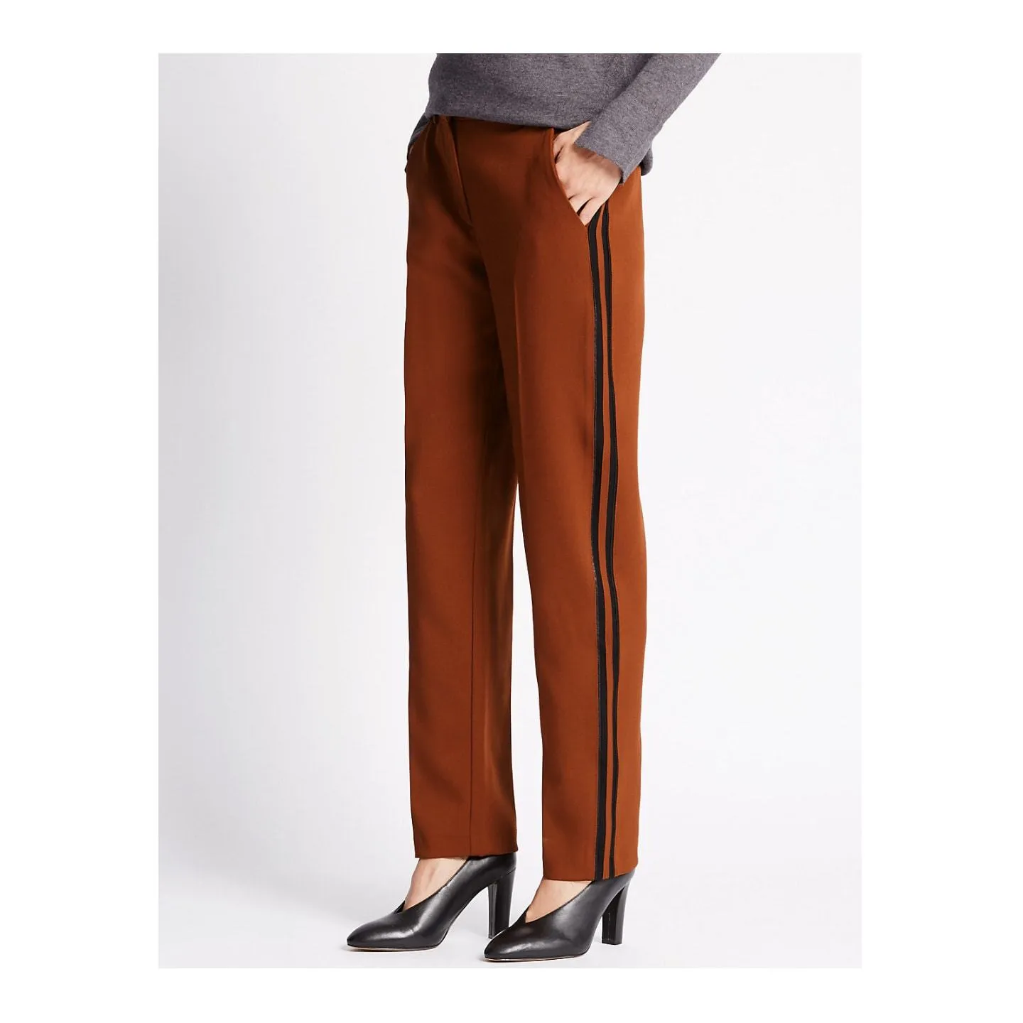 M&S Womens Brown Side Stripe Trousers