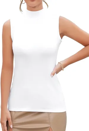 MANGDIUP Women's Mock Turtleneck Long Sleeve Sleeveless Tops Basic Slim T-Shirts