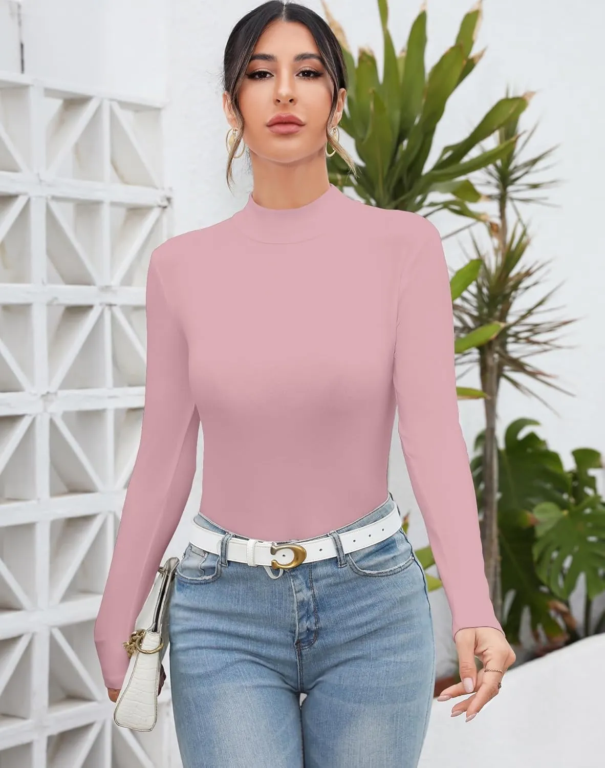 MANGDIUP Women's Mock Turtleneck Long Sleeve Sleeveless Tops Basic Slim T-Shirts