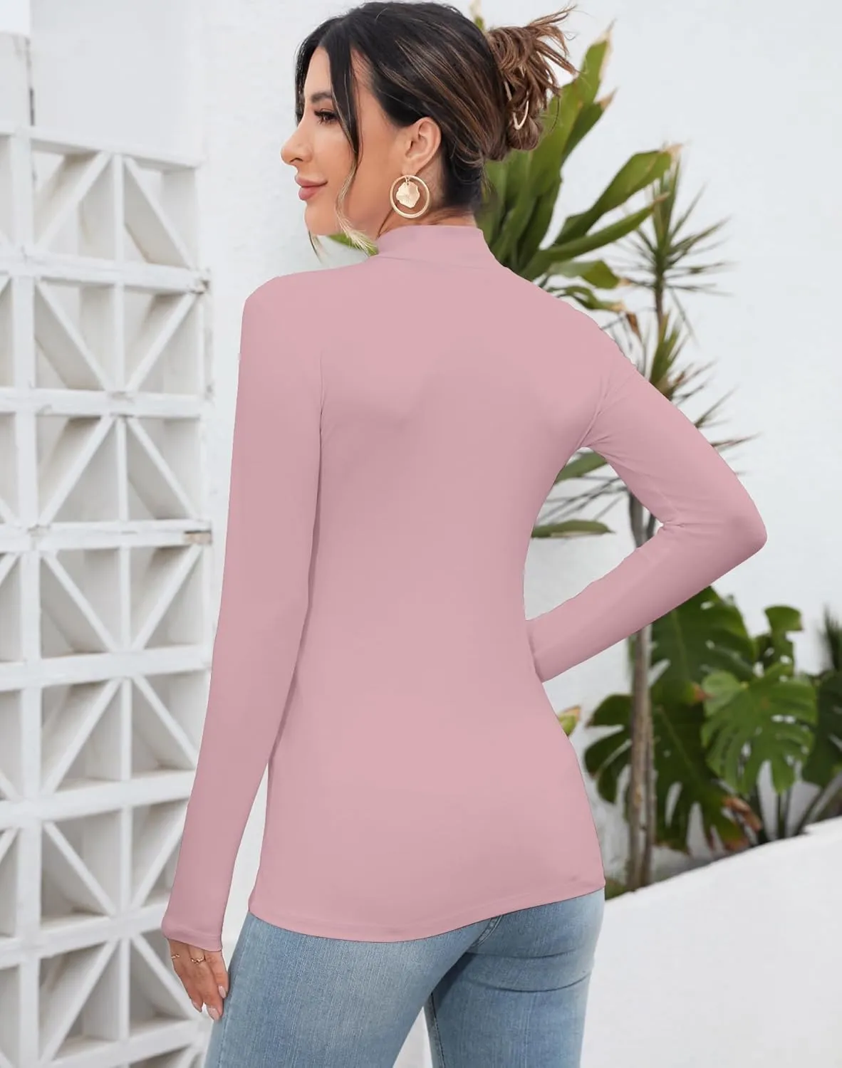 MANGDIUP Women's Mock Turtleneck Long Sleeve Sleeveless Tops Basic Slim T-Shirts