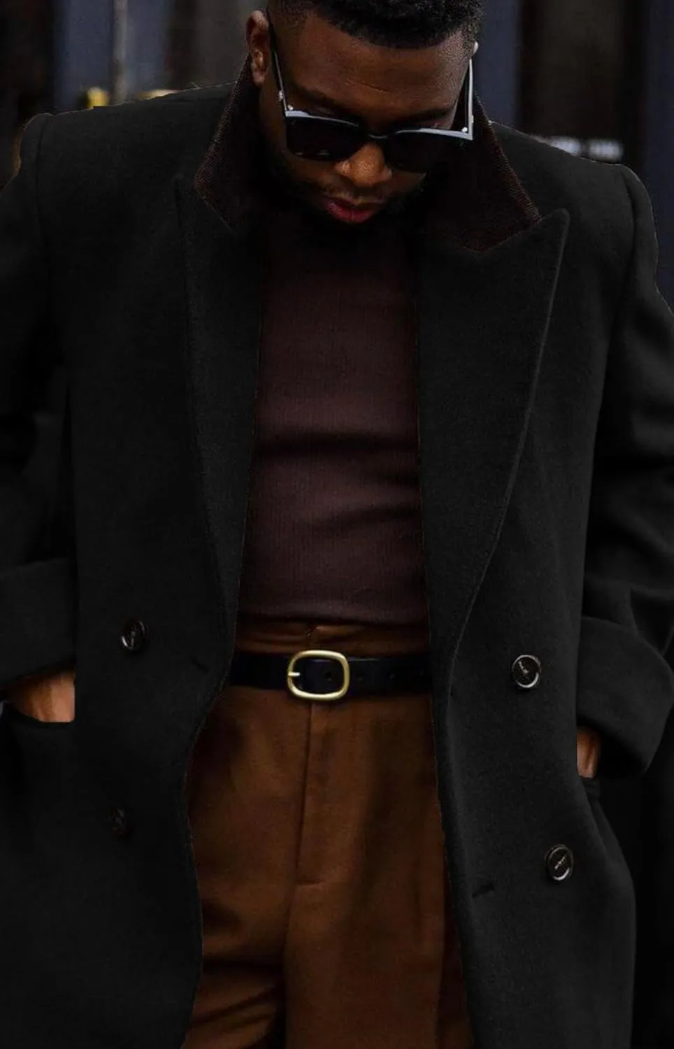 Man's Double Breasted Full Length Trench Coat Mens Casual Notch Lapel Long Jacket Peacoat Wool Blend Winter