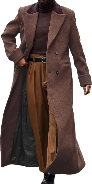 Man's Double Breasted Full Length Trench Coat Mens Casual Notch Lapel Long Jacket Peacoat Wool Blend Winter