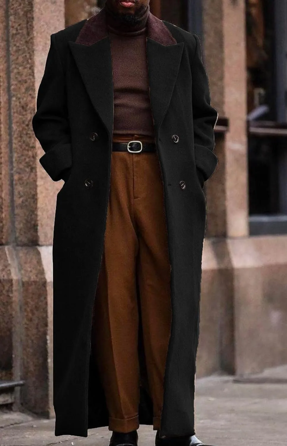 Man's Double Breasted Full Length Trench Coat Mens Casual Notch Lapel Long Jacket Peacoat Wool Blend Winter
