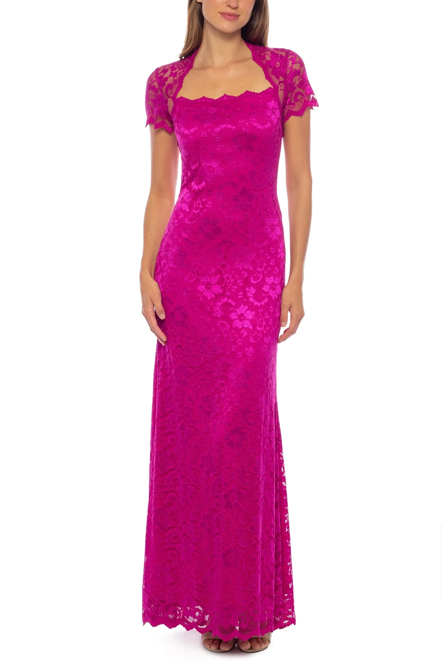 Marina A-Line Neck Short Sleeve Sheath Lace Gown