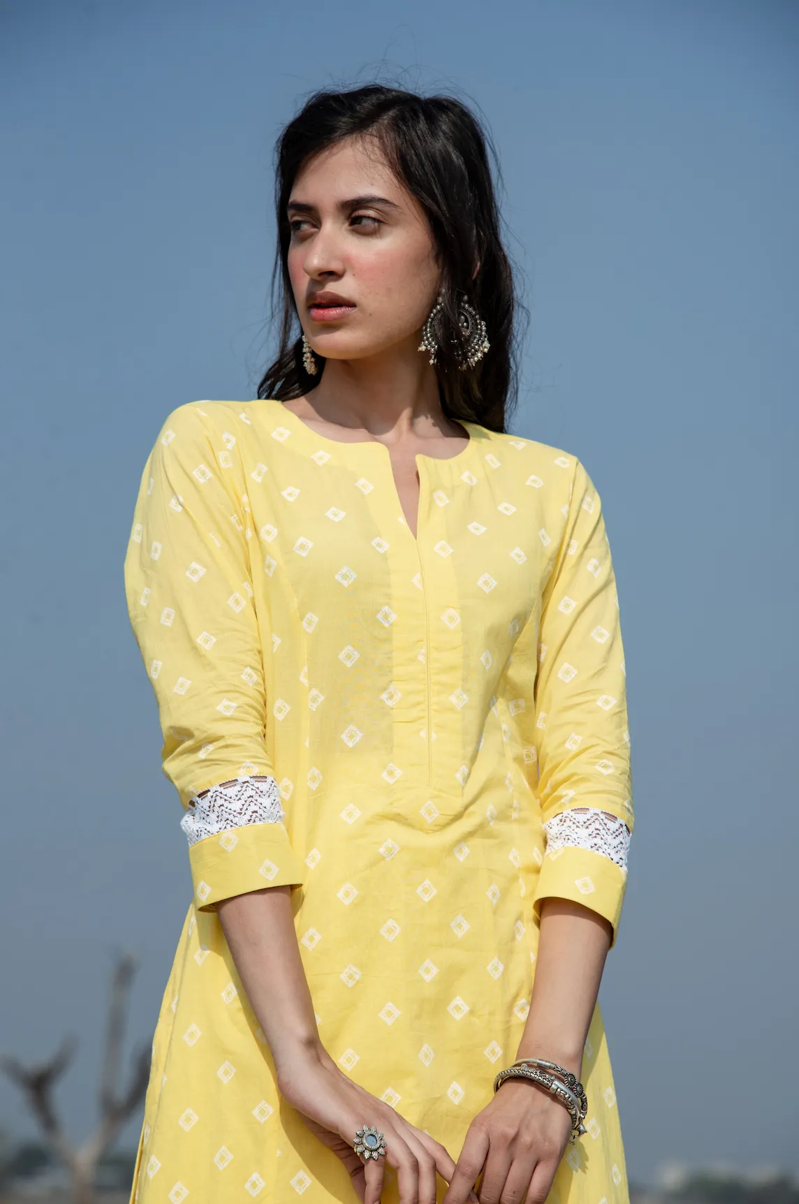 MASAKALI YELLOW BANDHANI BLOCK PRINT KALI FLARED PALAZZO SET WITH MUL DUPATTA - SET OF 3