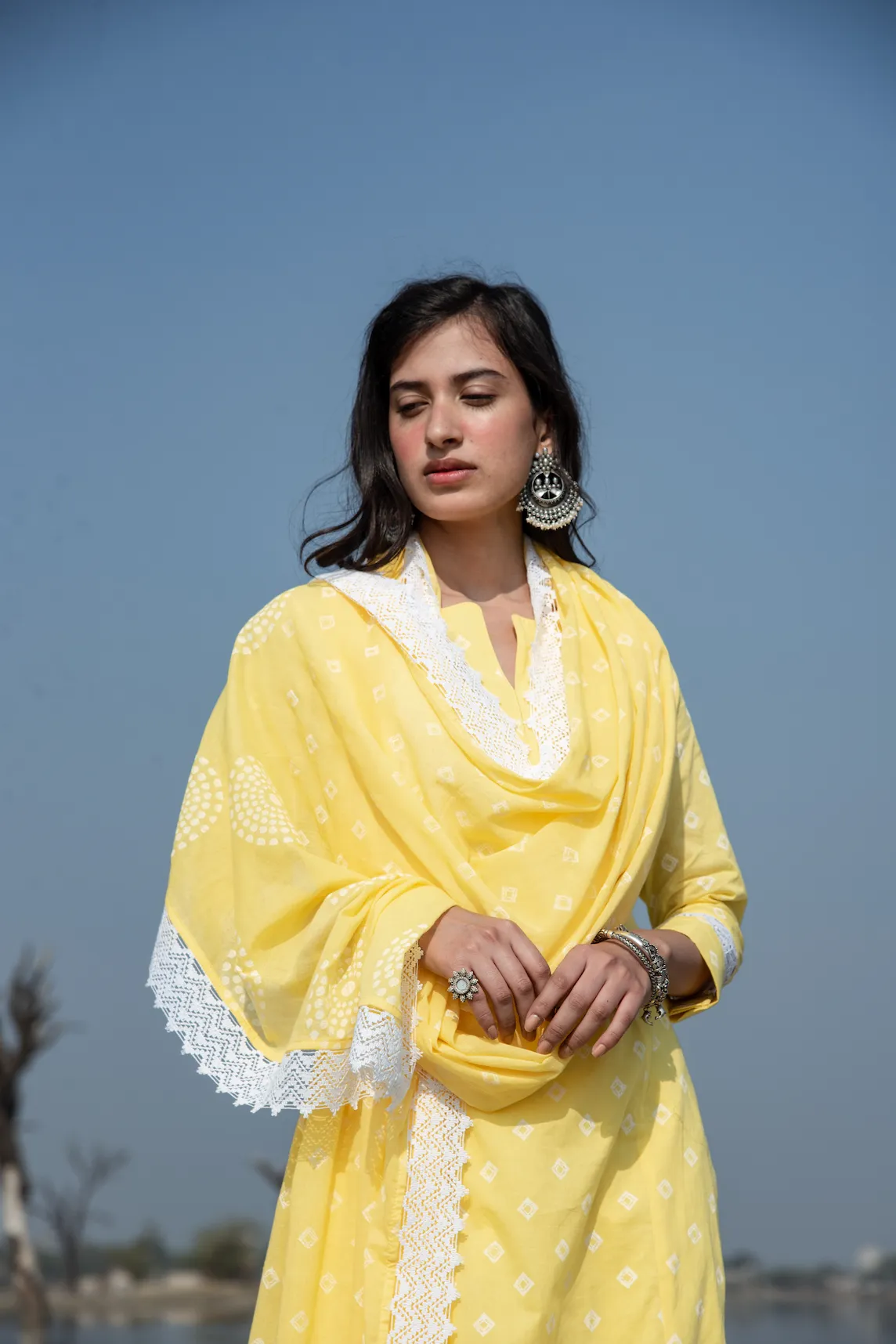 MASAKALI YELLOW BANDHANI BLOCK PRINT KALI FLARED PALAZZO SET WITH MUL DUPATTA - SET OF 3