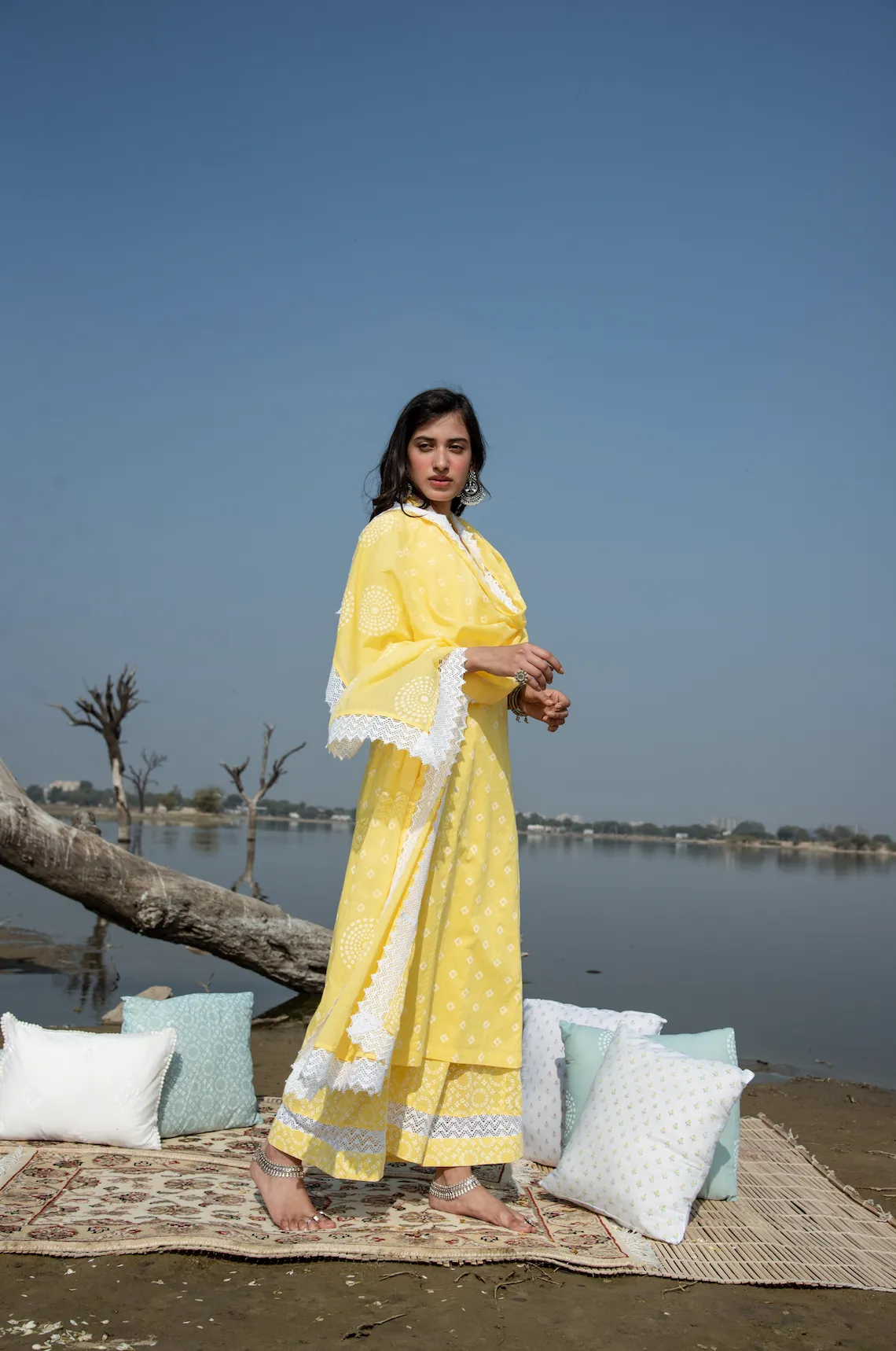 MASAKALI YELLOW BANDHANI BLOCK PRINT KALI FLARED PALAZZO SET WITH MUL DUPATTA - SET OF 3