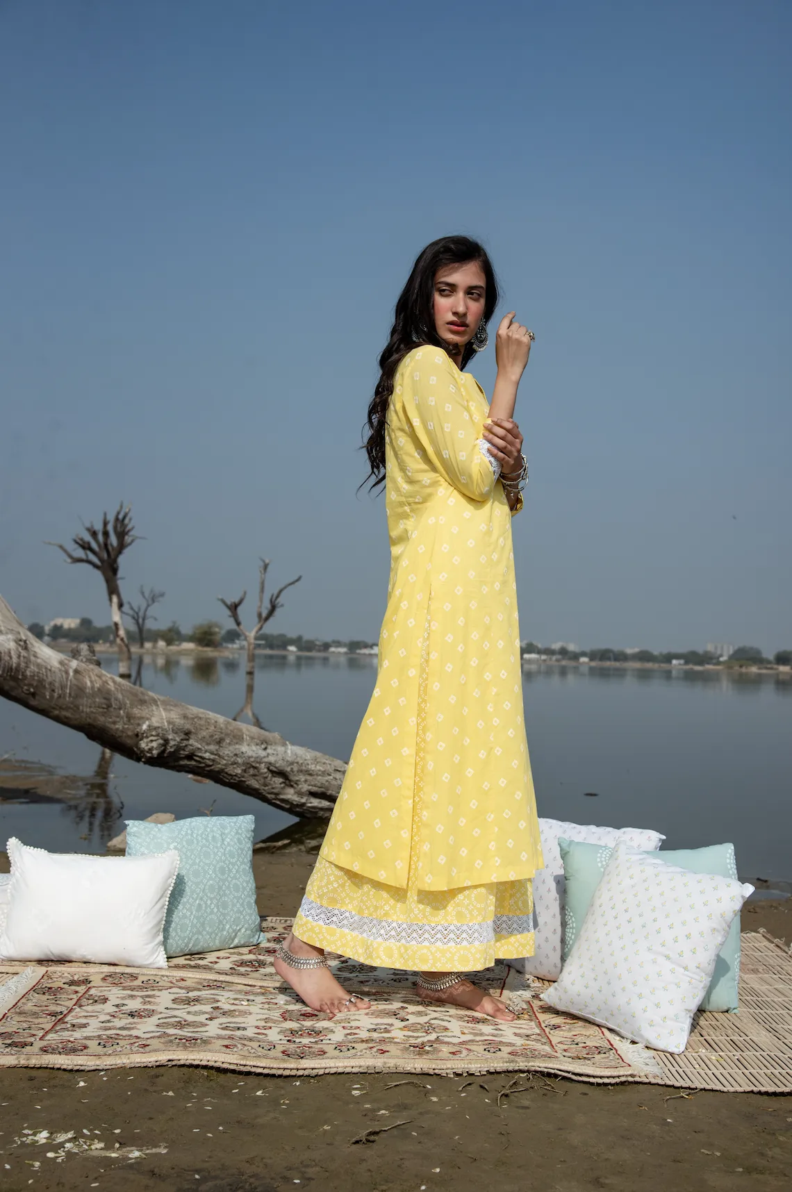 MASAKALI YELLOW BANDHANI BLOCK PRINT KALI FLARED PALAZZO SET WITH MUL DUPATTA - SET OF 3