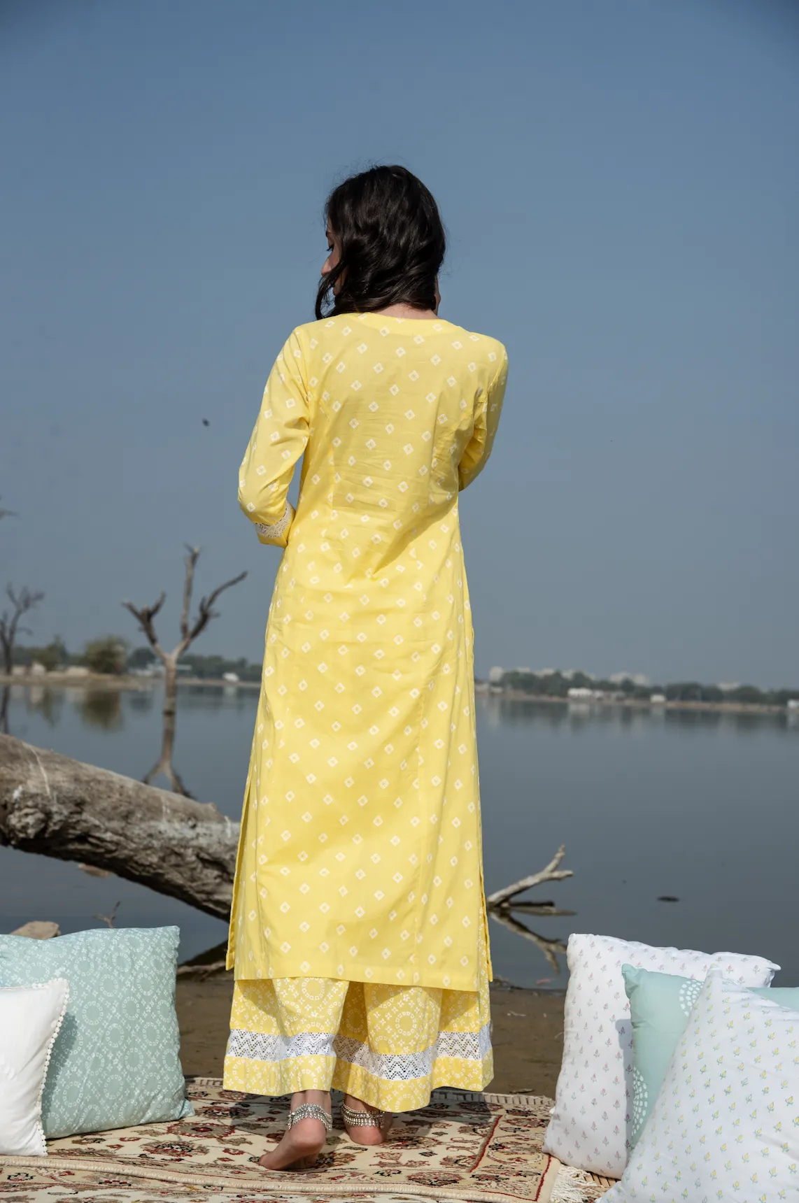 MASAKALI YELLOW BANDHANI BLOCK PRINT KALI FLARED PALAZZO SET WITH MUL DUPATTA - SET OF 3