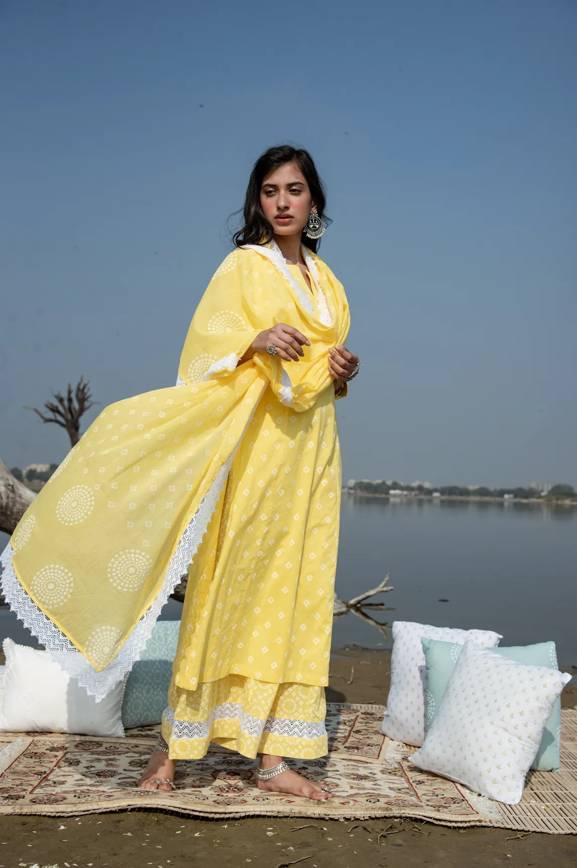 MASAKALI YELLOW BANDHANI BLOCK PRINT KALI FLARED PALAZZO SET WITH MUL DUPATTA - SET OF 3