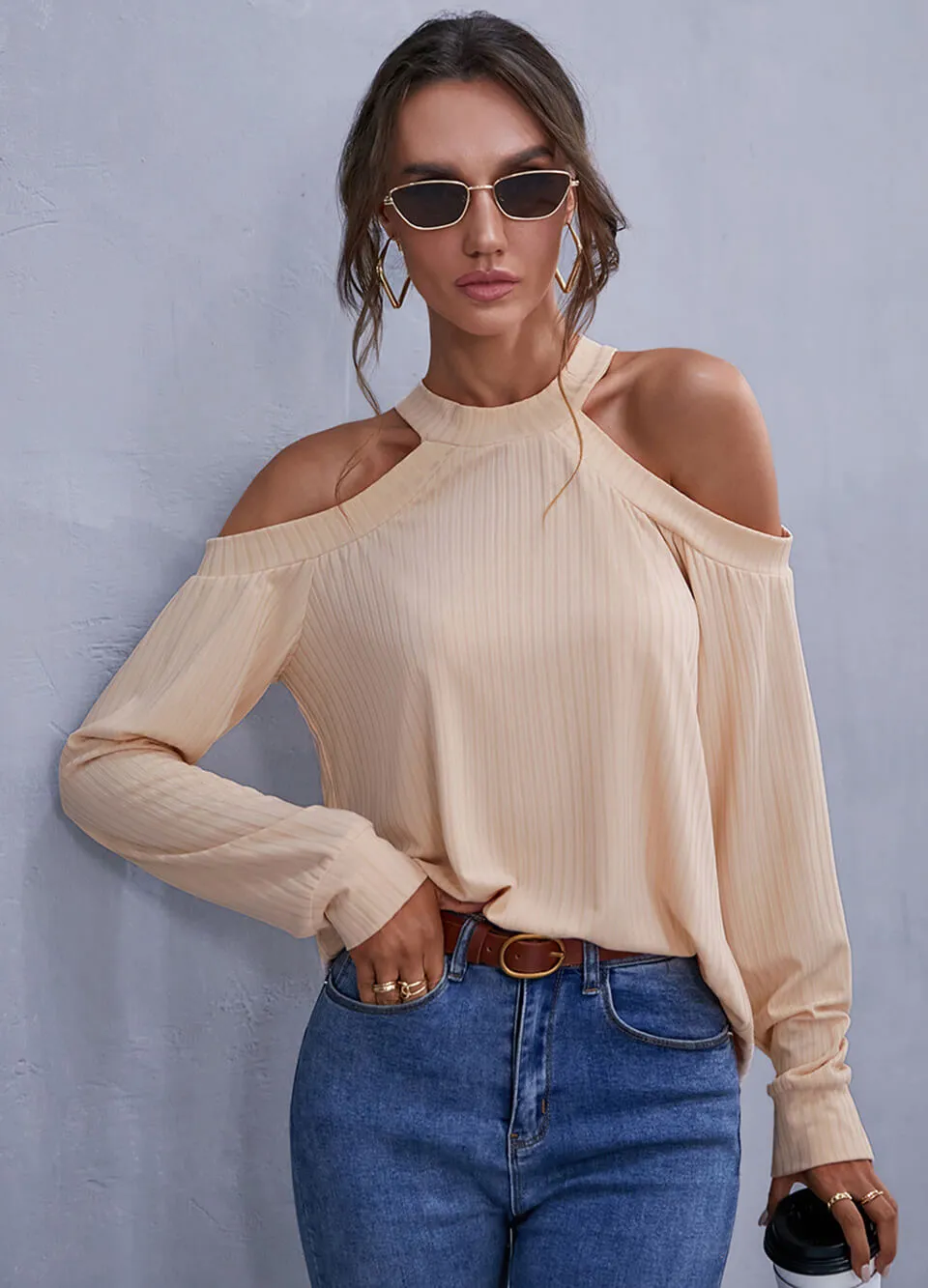 MECALA Women's Casual Top Off Shoulder Ribbed Plain Blouse