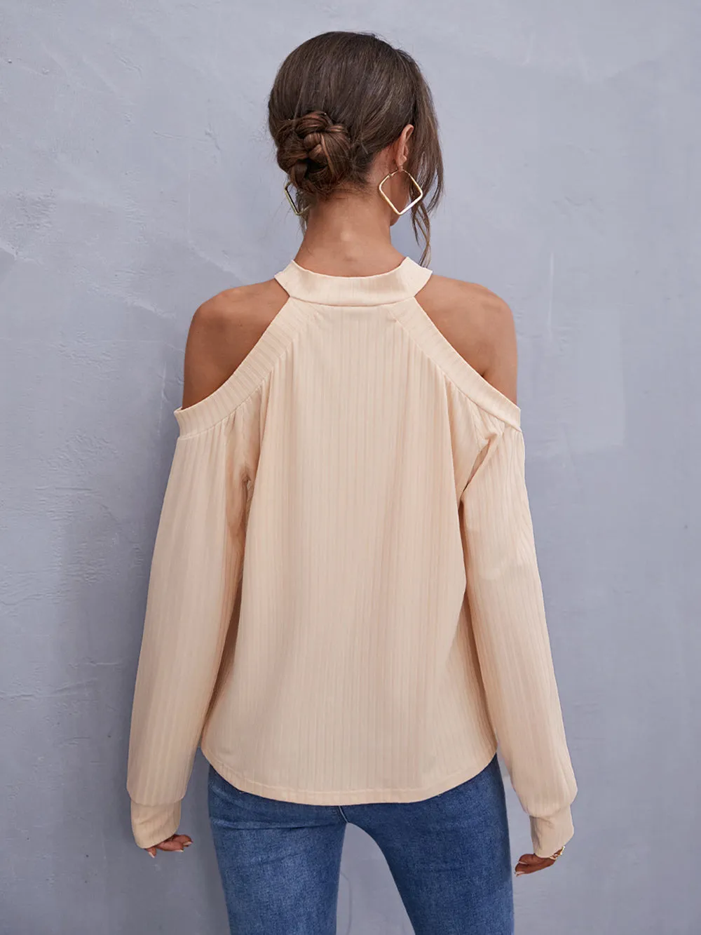 MECALA Women's Casual Top Off Shoulder Ribbed Plain Blouse