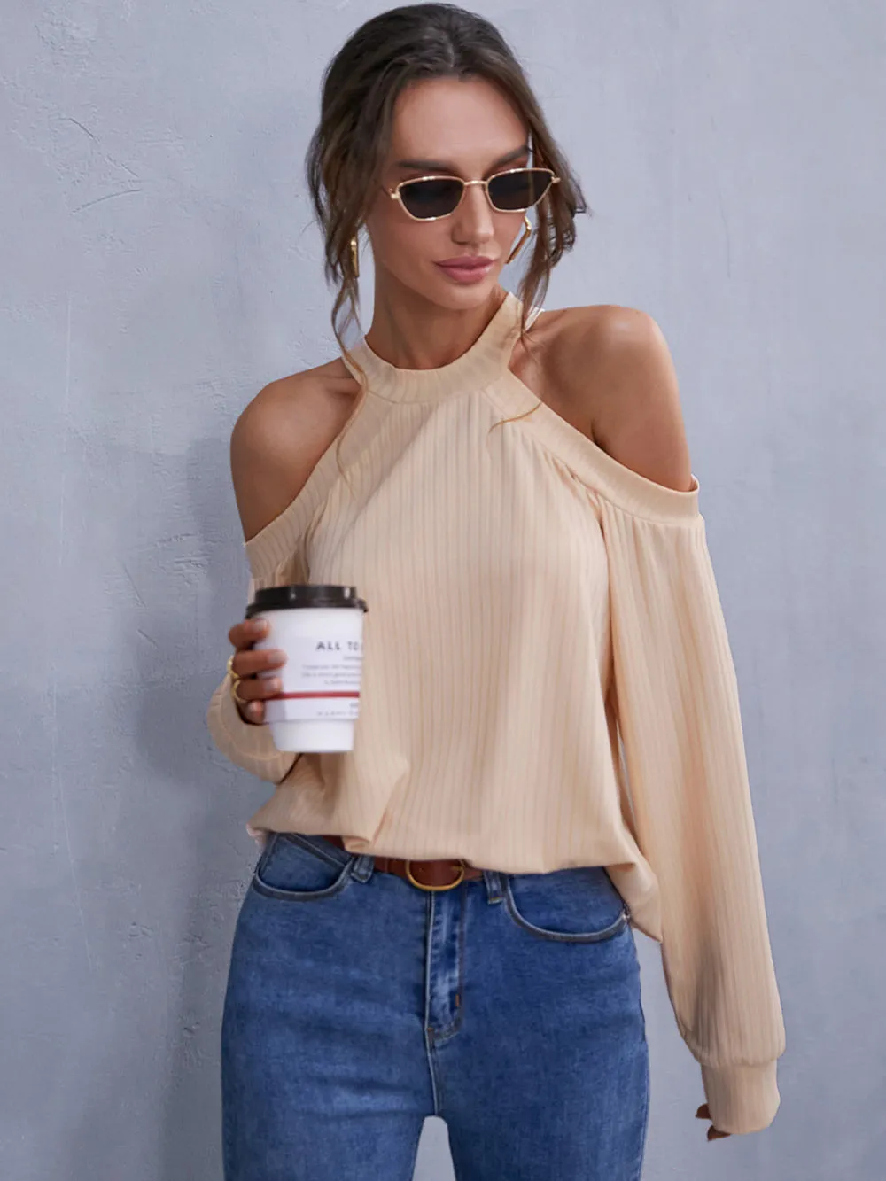 MECALA Women's Casual Top Off Shoulder Ribbed Plain Blouse