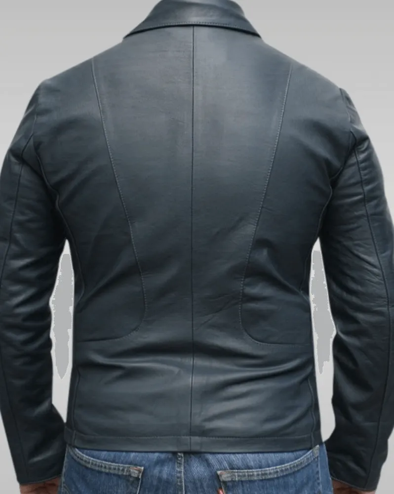 Mens 70s Style Blue Vintage Biker Leather Jacket