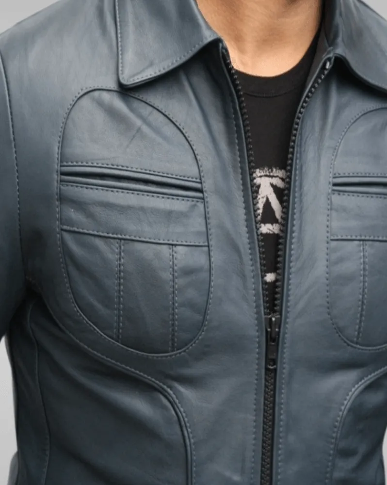Mens 70s Style Blue Vintage Biker Leather Jacket