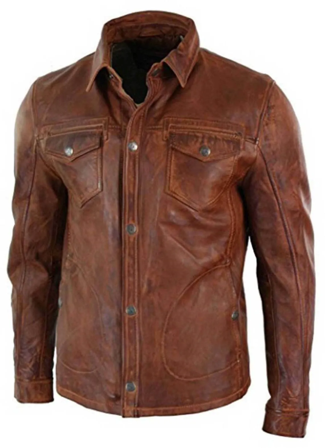 Mens Casual Biker Vintage Waxed Distressed Brown Real Leather Shirt Retro Moto