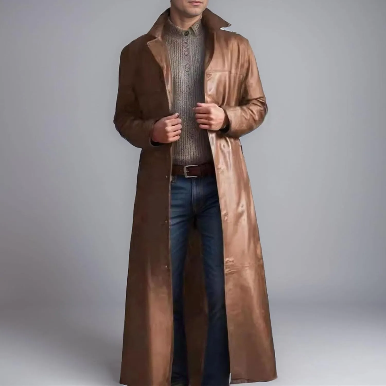 Mens Leather Trench Coat Faux Leather Vintage Long Jacket Fashion Steampunk Gothic Jackets Full Length Overcoat