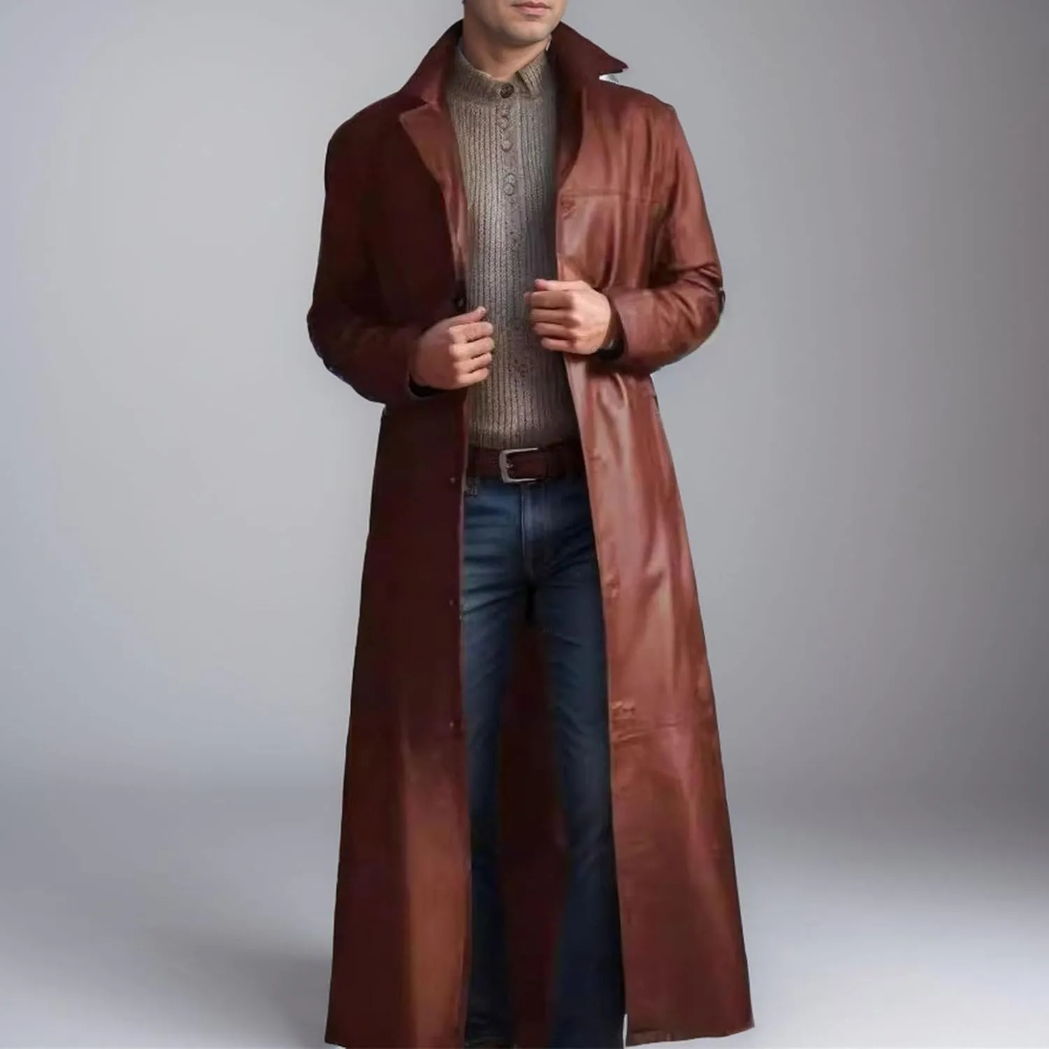 Mens Leather Trench Coat Faux Leather Vintage Long Jacket Fashion Steampunk Gothic Jackets Full Length Overcoat