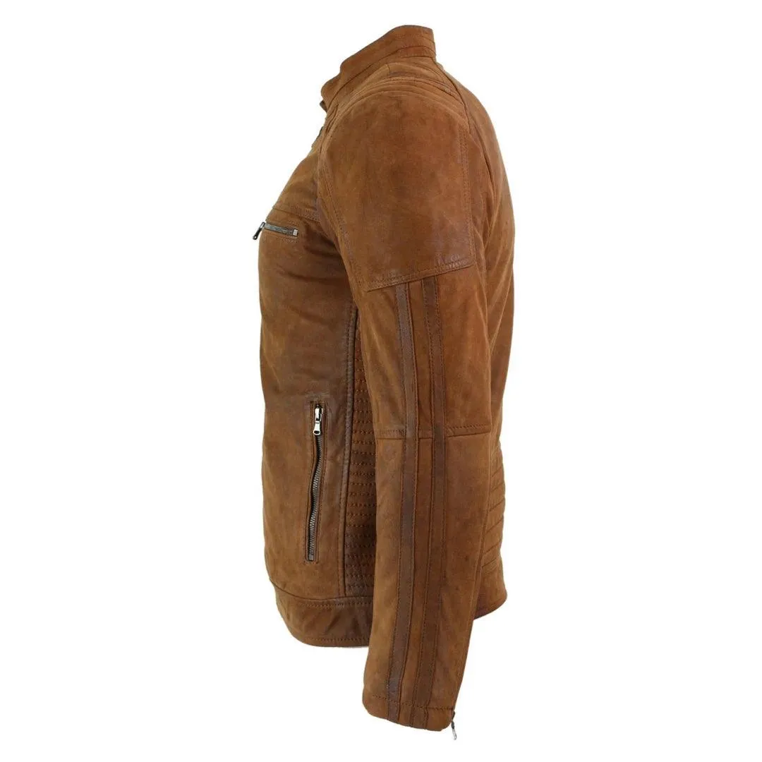 Mens Real Suede Leather Retro Vintage Camel Zip Biker Racing Jacket Washed Nehru Collar