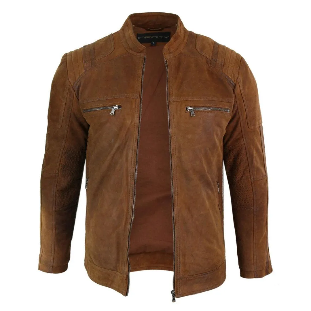 Mens Real Suede Leather Retro Vintage Camel Zip Biker Racing Jacket Washed Nehru Collar