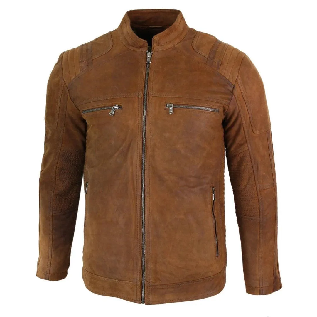 Mens Real Suede Leather Retro Vintage Camel Zip Biker Racing Jacket Washed Nehru Collar